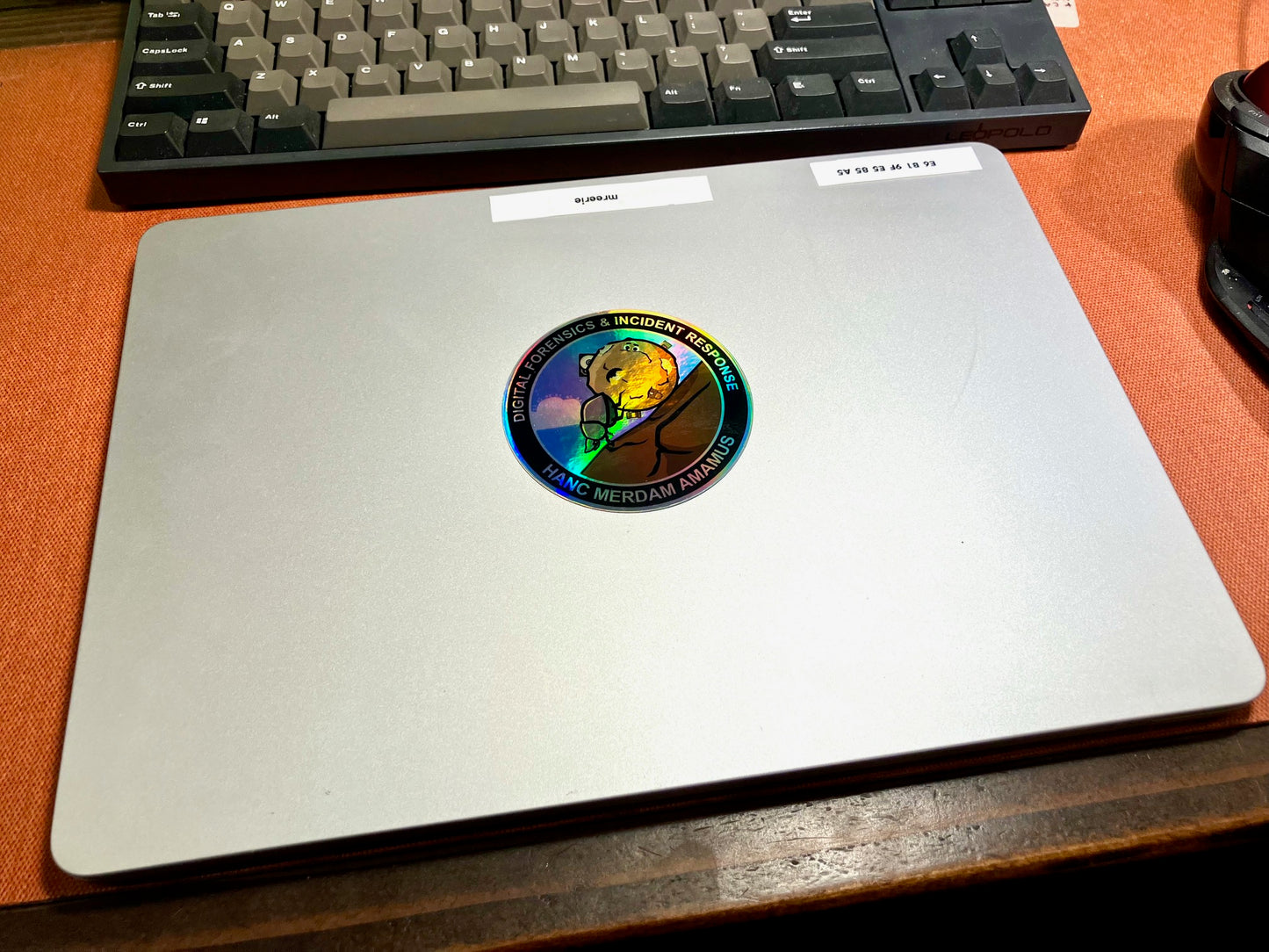 holographic sticker with a dung beetle pushing poop up a hill. The poop has DFIR mascots embedded. Sticker is placed on a MacBook Air.